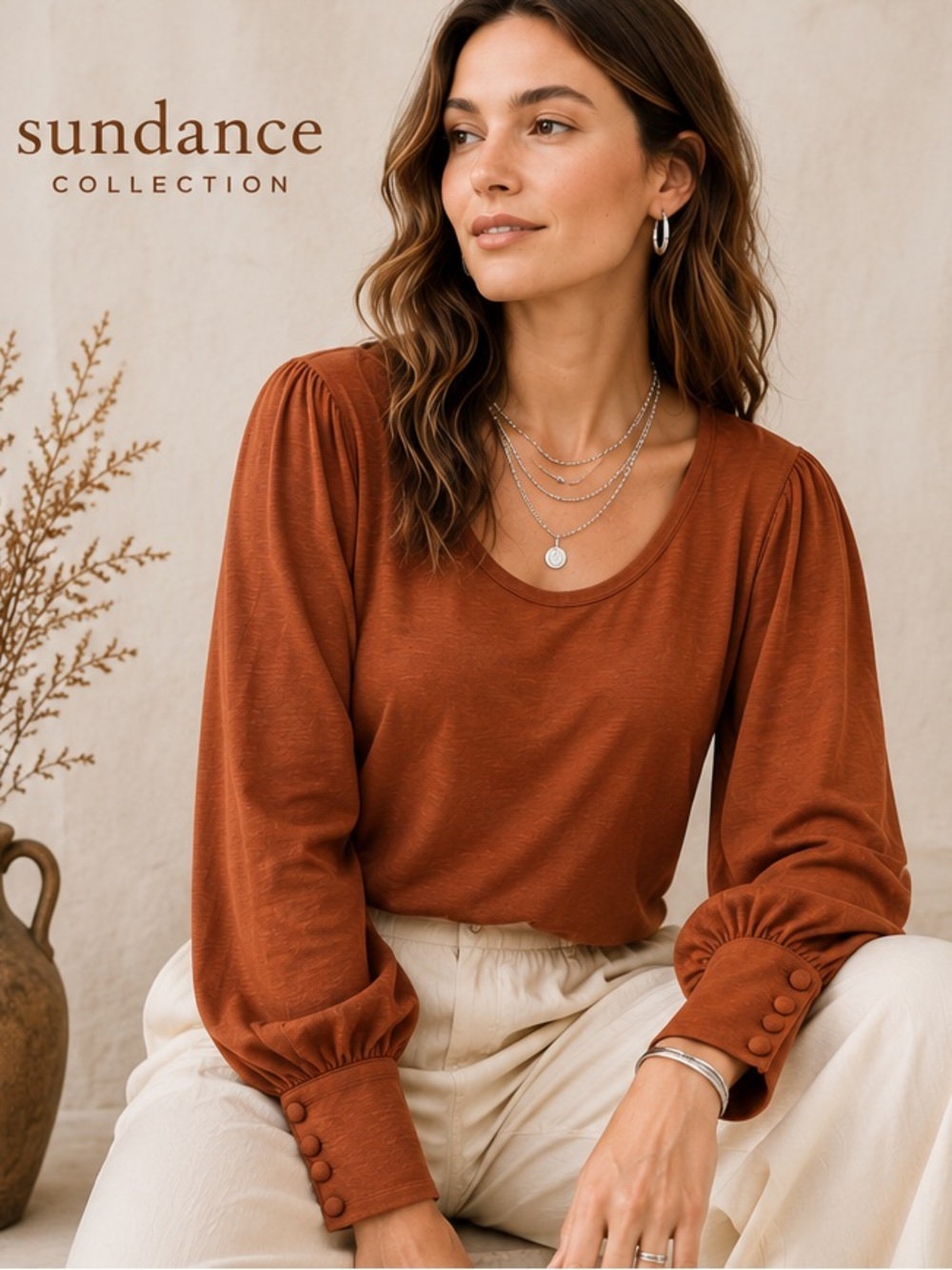 Sundance, Burnt Orange Lyocell Cotton Blouse,Tuxedo Statement Cuffs,Size XL